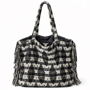 Amuse Black & Ivory Woven Tote Bag w/ Fringe | Boho Tribal Pattern | One Size